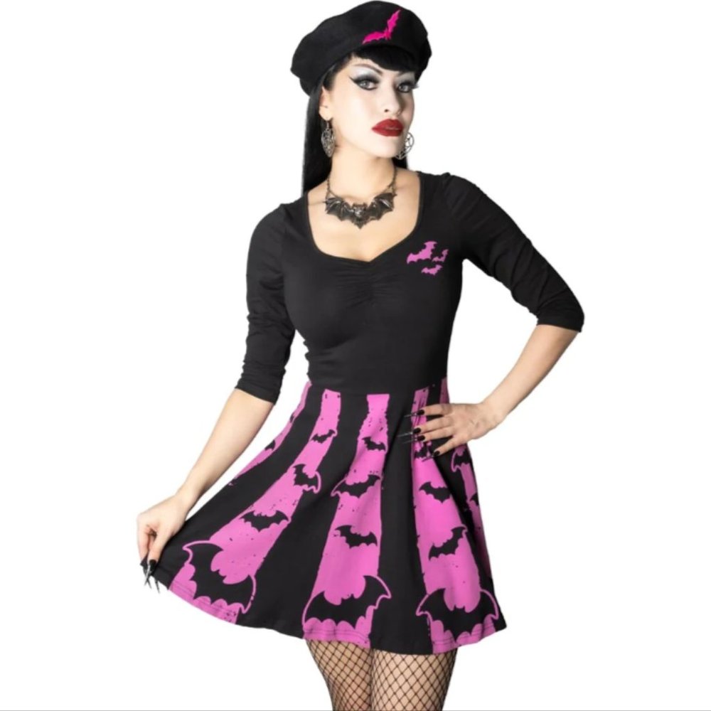 Bat Black & Pink Striped Fit Flare Skater Dress S-M-L-XL-2XL-3XL-4XL NWT